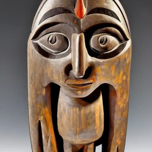 Image similar to by max beckmann atmospheric chocolate, traditional haida art. a beautiful sculpture. you cannot see the future. you cannot change the past. all of life consists of running into darkness.