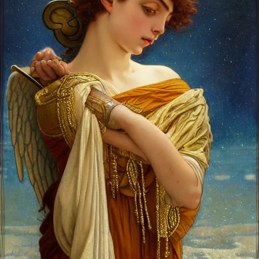 Image similar to highly detailed oil painting | very intricate | cinematic lighting | award - winning | the beautiful angel of saturn wearing a flowing toga | by godward, by tom bagshaw, by j. c. leyendecker and klimt, beautiful cinematic light, american romanticism, by alphonse mucha, artstation, cgsociety, official art, octane, detailed face