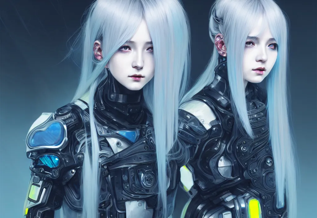 Image similar to portrait grey blue hair of futuristic ploice girl, matt black plus little yellow color armor in future shibuya 1 0 9 japan, ssci - fi and neon light fantasy, intricate and beautiful and elegant, highly detailed, digital painting, artstation, concept art, smooth and sharp focus, illustration, art by tian zi and wlop and alphonse mucha