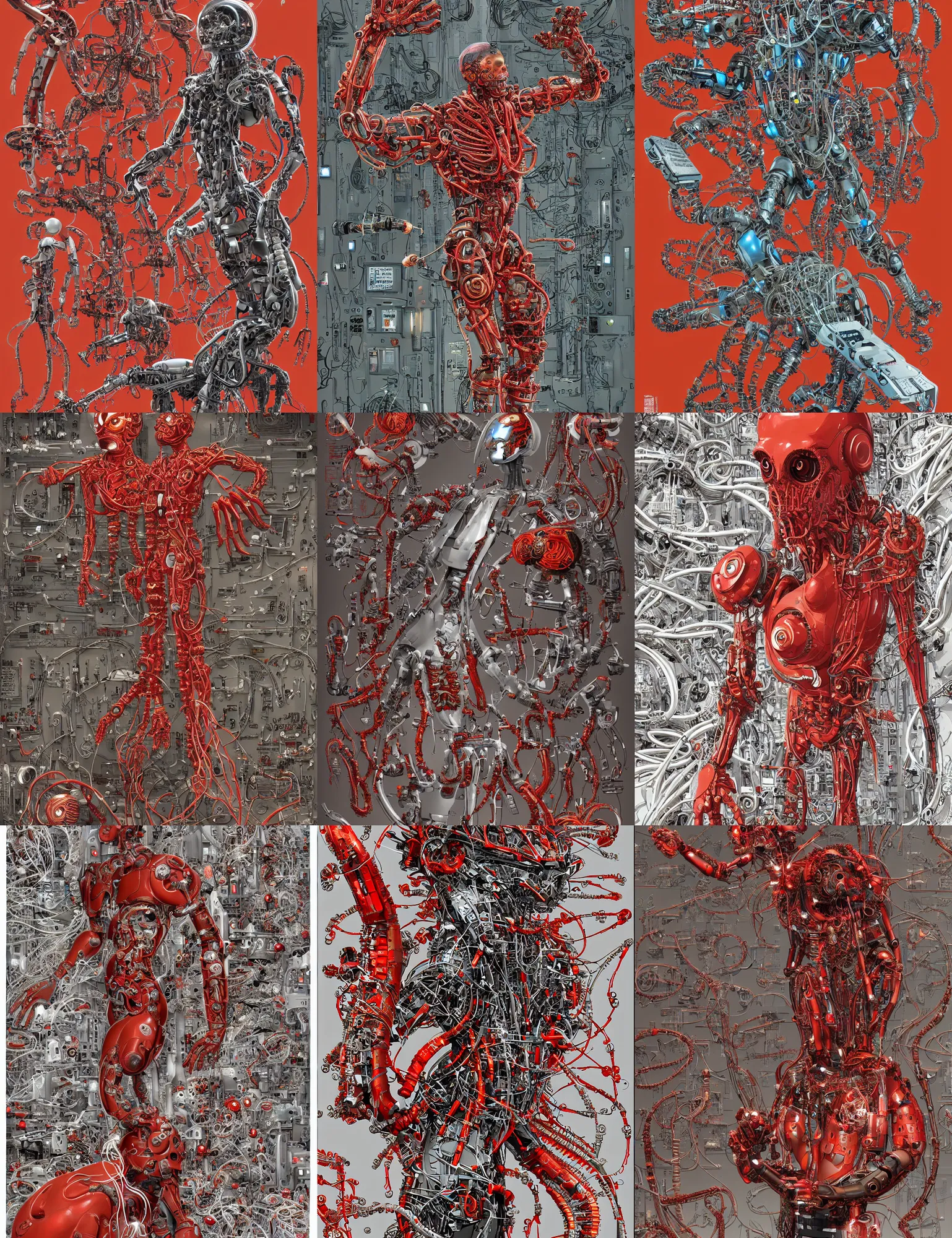 Prompt: cyborg in the data center, wired to the equipment and typing on the keyboard, red biomechanical details, wearing epic bionic cyborg implants, inflateble shapes, wires, tubes, red veins, jellyfish, masterpiece, intricate, biopunk, highly detailed, artstation, concept art by frank miller geof darrow mike mignola, 8 k