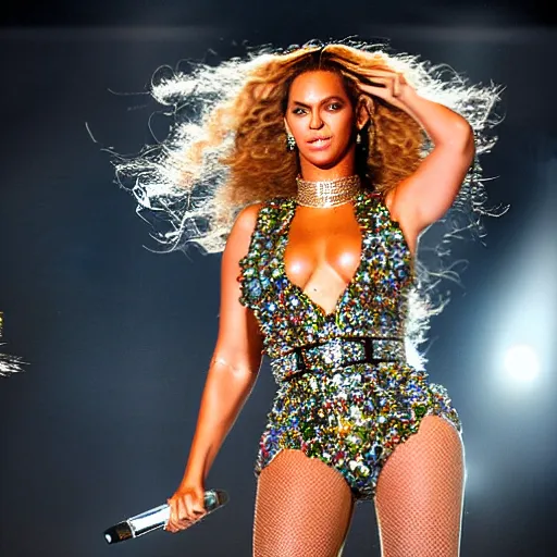 Prompt: Beyonce giving a concert, (EOS 5DS R, ISO100, f/8, 1/125, 84mm, postprocessed, crisp, facial features)