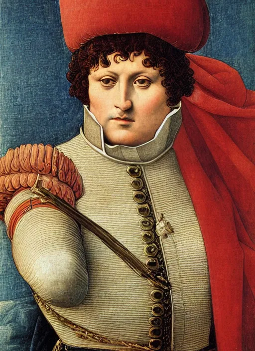 Prompt: grandiose epic renaissance portrait of napoleon bonaparte, french emperor, detailed painting by boticelli, leonardo davinci, francois gerard and jacques louis david