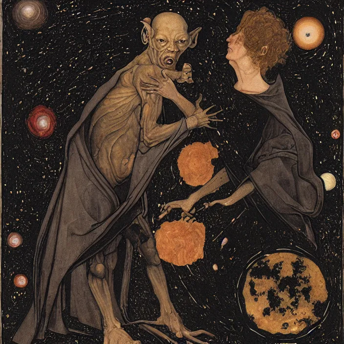 Image similar to a goblin monster and a woman in a black cloak, in a nebula, by Rogier van der Weyden