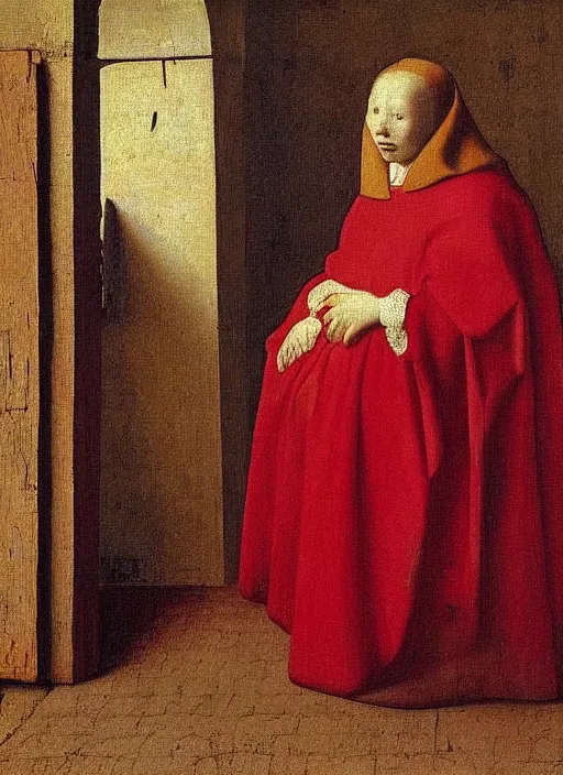 Prompt: red cloth, medieval painting by jan van eyck, johannes vermeer