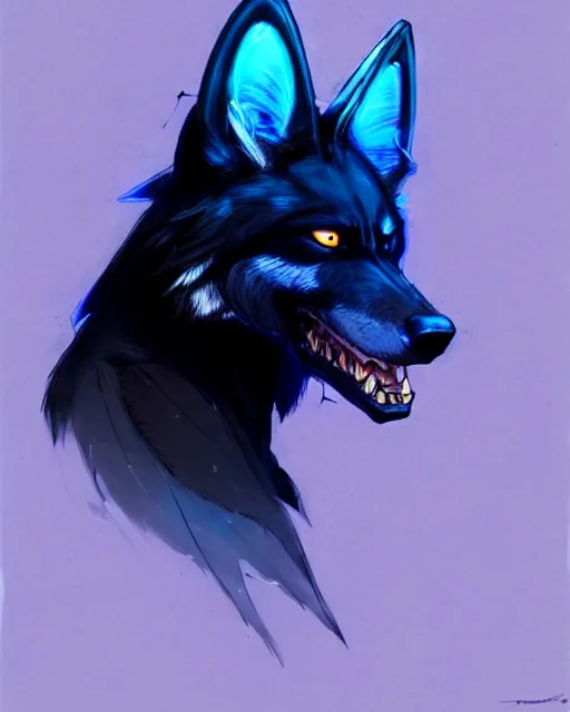 Image similar to concept art of a black wolf with blue neon wings, highly detailed painting by dustin nguyen, akihiko yoshida, greg tocchini, 4 k, trending on artstation, 8 k