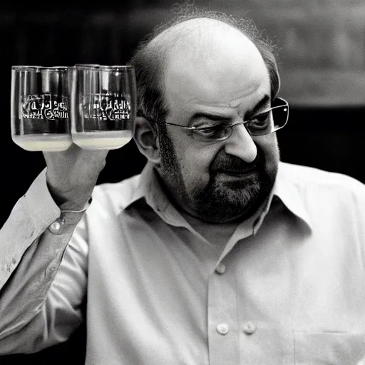 Prompt: salman rushdie pouring pints at his local