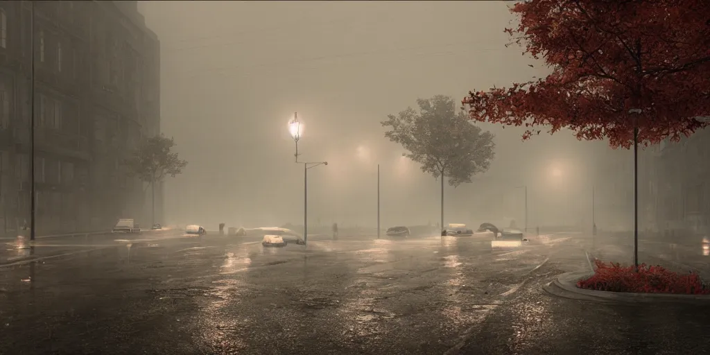 Prompt: silent hill in real life, streets, sombre, parked cars, overcast, blankets of fog pockets, rain, volumetric lighting, beautiful, night time, autumn, sharp focus, 7 0 s visuals, ultra detailed, cgsociety