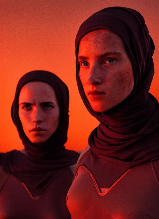 Image similar to cinestill 5 0 d photographic portrait by steve mccurry of two loving female androids wearing rugged black mesh techwear on a desolate plain with a red sky, extreme closeup, cyberpunk style, dust storm, 8 k, hd, high resolution, 3 5 mm, f / 3 2, ultra realistic faces, ex machina