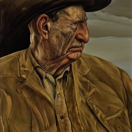 Prompt: high quality high detail painting by lucian freud, hd, farmer looking at the distance with despair, photorealistic lighting