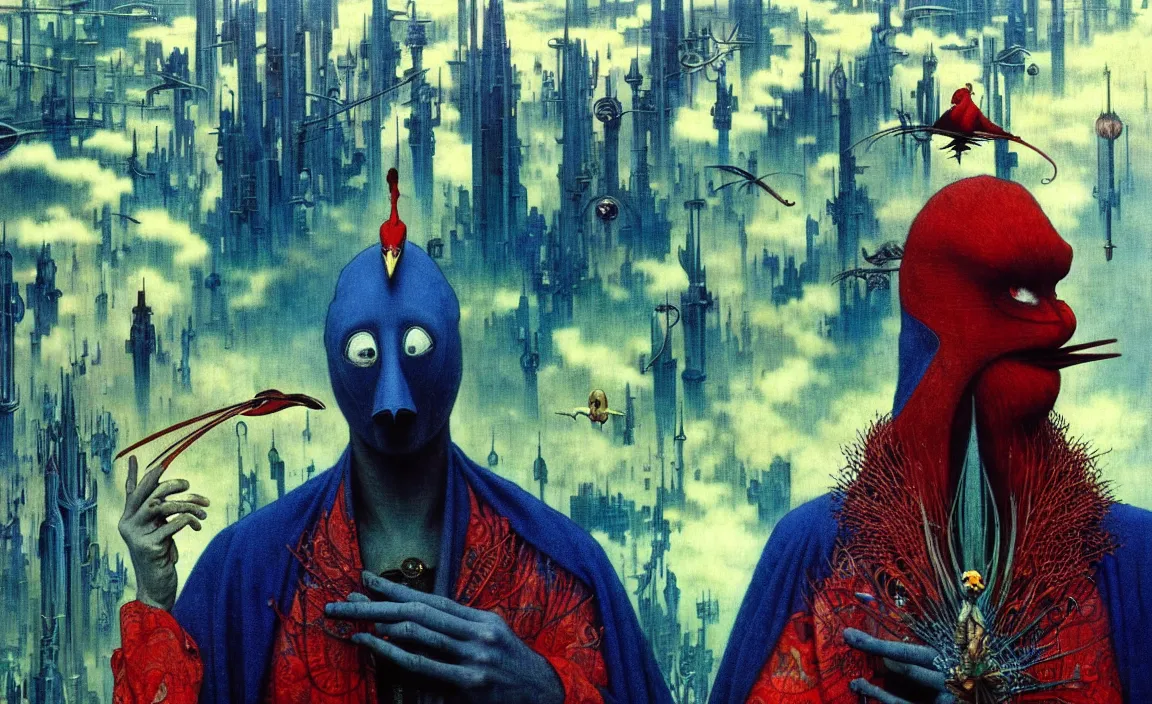 Prompt: realistic detailed portrait movie shot of a birdman wearing dark robes, sci fi city landscape background by denis villeneuve, amano, yves tanguy, alphonse mucha, ernst haeckel, max ernst, roger dean, masterpiece, rich moody colours, blue eyes