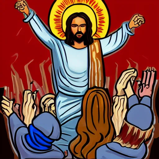 Image similar to jesus with guns killing demons