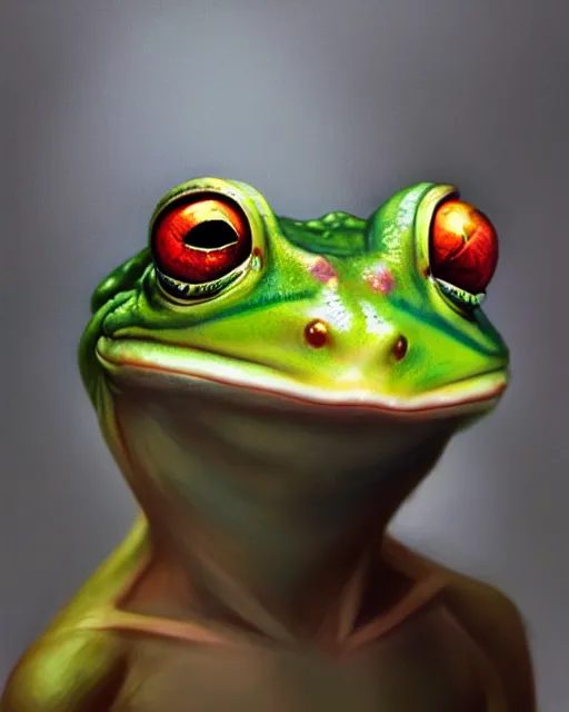 Prompt: semi realistic portrait of an anthropomorphic frog by Stanley Artgerm Lau, WLOP, Rossdraws, James Jean, Andrei Riabovitchev, Marc Simonetti, and Sakimichan, trending on artstation