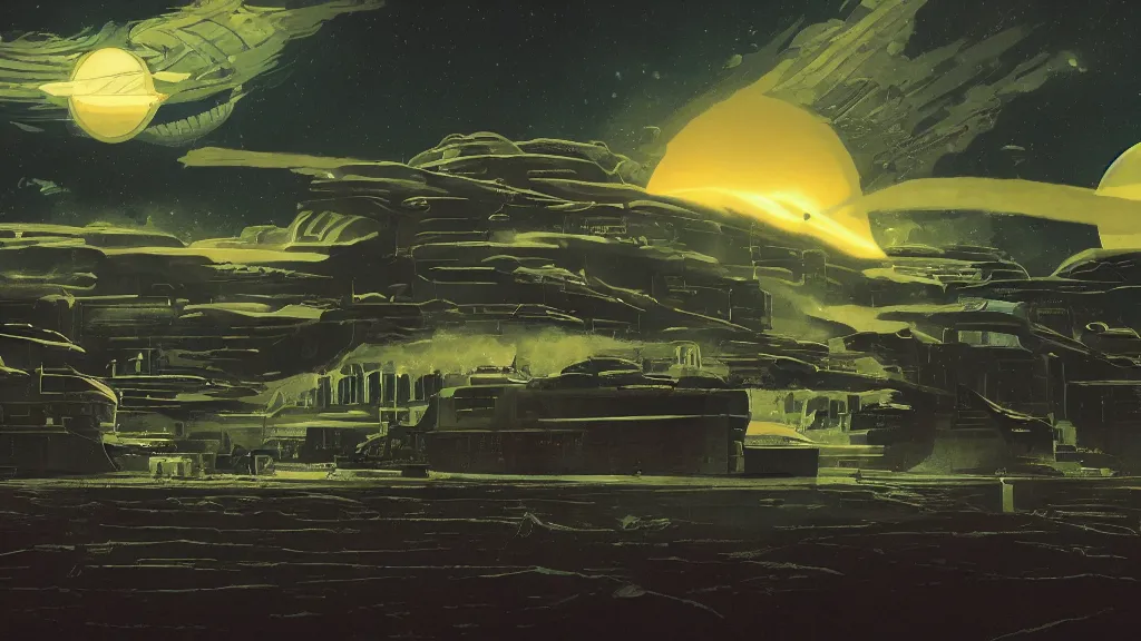 Image similar to artwork in the style of chesley bonestell and in the style of liam wong.