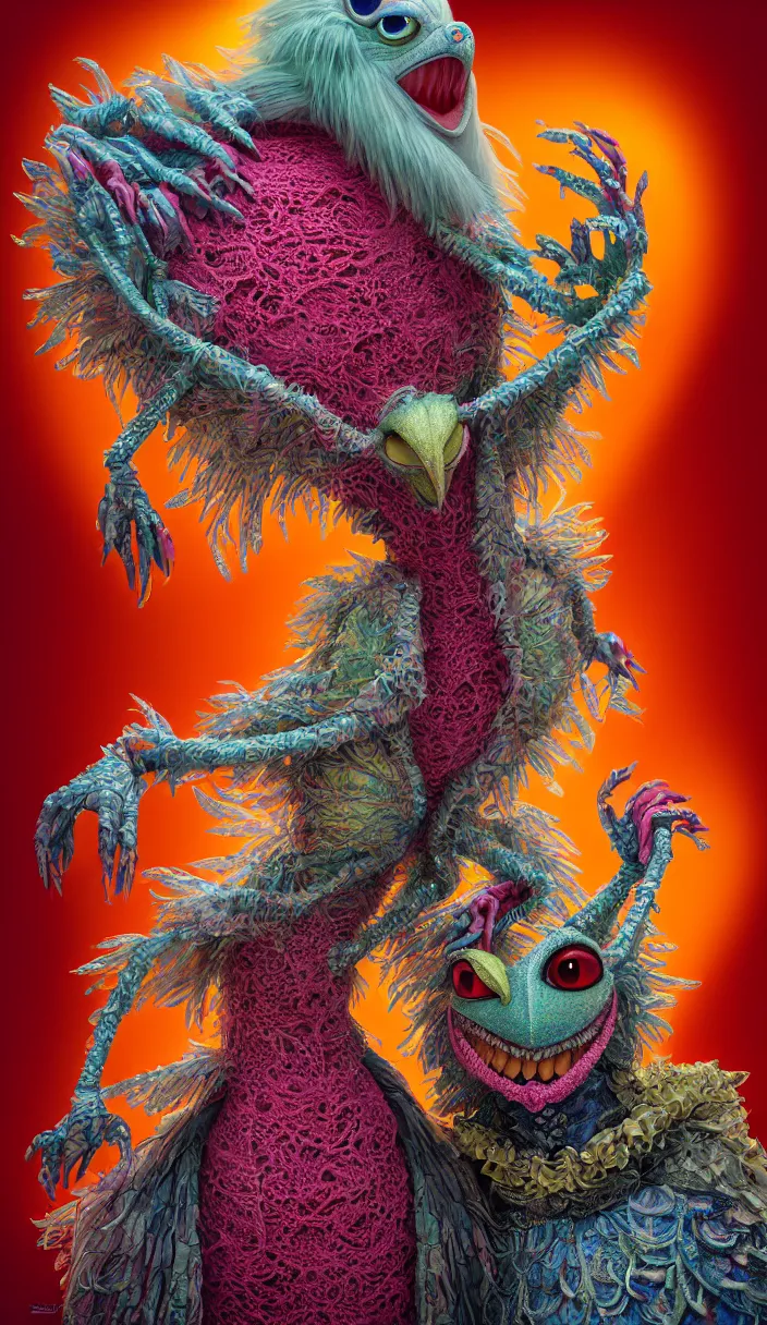 Image similar to hyper detailed 3d render like a Oil painting - kawaii portrait of two Aurora (a beautiful skeksis muppet fae queen protective mother from dark crystal that looks like Anya Taylor-Joy) seen red carpet photoshoot in UVIVF posing in scaly dress to Eat of the Strangling network of yellowcake aerochrome and milky Fruit and His delicate Hands hold of gossamer polyp blossoms bring iridescent fungal flowers whose spores black the foolish stars by Jacek Yerka, Ilya Kuvshinov, Mariusz Lewandowski, Houdini algorithmic generative render, Abstract brush strokes, Masterpiece, Edward Hopper and James Gilleard, Zdzislaw Beksinski, Mark Ryden, Wolfgang Lettl, hints of Yayoi Kasuma and Dr. Seuss, octane render, 8k