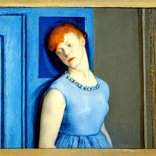 Image similar to close up of a girl in a blue and gold haunted liminal abandoned room, film still by edward hopper, by Pontormo, by klimt, pre-raphaelite, art noveau, highly detailed, strong lights, liminal, eerie, Bright pastel colors