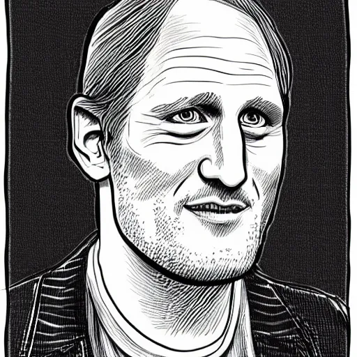 Image similar to a portrait illustration of Woody Harrelson drawn by ROBERT CRUMB