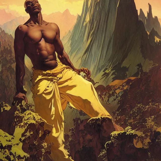 Image similar to an aesthetic! a detailed image of a black man, bald head, spectacles, with mountains of gold in the background, by frank frazetta and alphonse mucha, oil on canvas, art nouveau dungeons and dragons fantasy art, hd, god rays, ray tracing, crisp contour lines, huhd