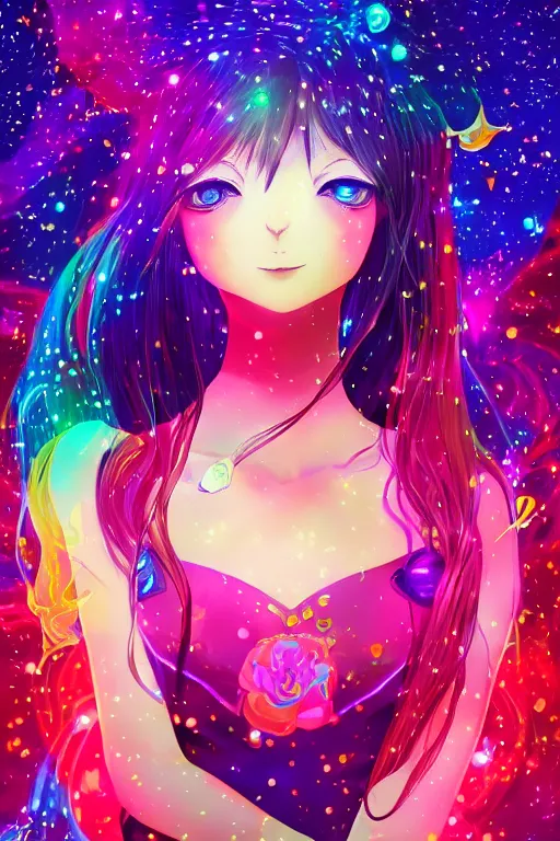 Image similar to psychedelic, whimsical, anime, 4k, beautiful intimate woman with professional makeup, long trippy hair, a crystal and flower dress, bathing in a reflective pond, underneath the stars, rainbow fireflies, trending on patreon, deviantart, twitter, artstation, volumetric lighting, heavy contrast, art style of Ross Tran and Ilya Kuvshinov