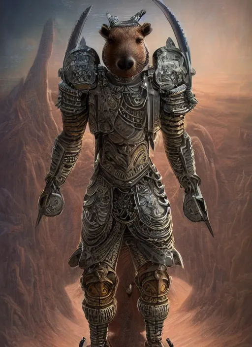 Prompt: retro sci-fi, fine matte painting of an anthropomorphic capybara warrior in full intricate armor by Boris Vallejo, ultra detailed, digital art, octane render, 4K