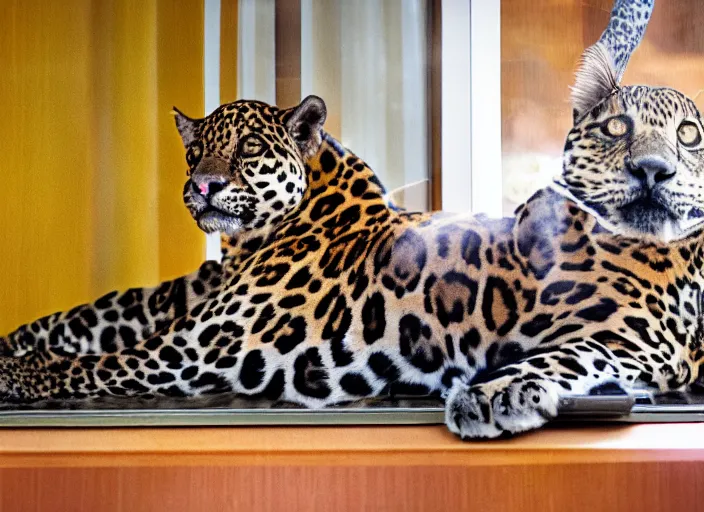 Image similar to photography of a Jaguar Cat . watching outside the window. on a bed. in a 70's room full of vinyls and posters, photorealistic, award winning photo, 100mm, sharp, high res