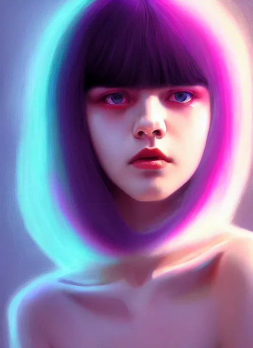 Image similar to hair whitebangs hair, black hair, whitebangs, portrait of teenage girl with white bangs, red irises, purple clothes, white bangs, bangs are different color from hair, intricate, elegant, glowing lights, highly detailed, digital painting, artstation, concept art, smooth, sharp focus, illustration, art by wlop, mars ravelo and greg rutkowski