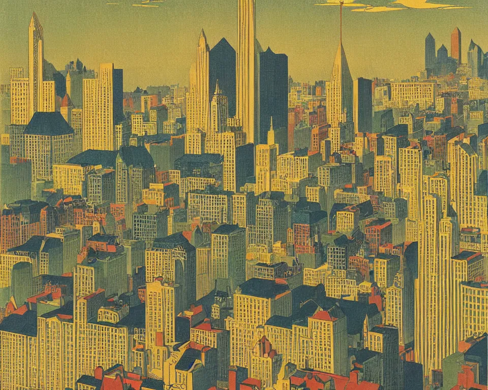 Image similar to resplendent, gilded art deco print of Washington, DC by Hasui Kawase and Lyonel Feininger