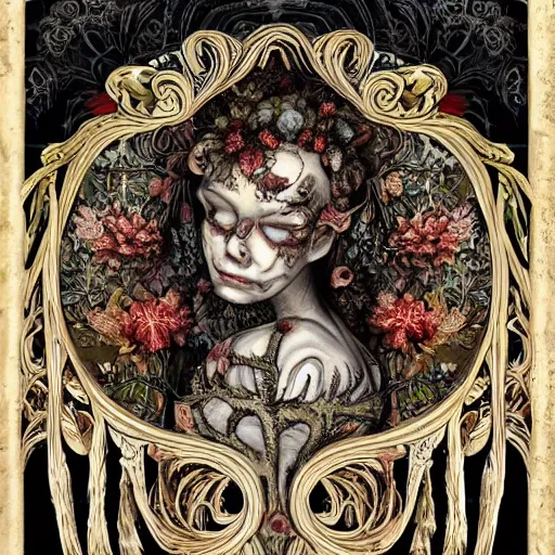 Image similar to a beautiful detailed front view baroque portrait of a rotten woman corpse with fractal plants and fractal flowers and mushrooms growing around, intricate, symmetrical, ornate, ornamentation, bones, illustration, in the style of art nouveau