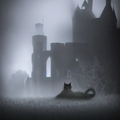 Image similar to a dark vallcy with a huge gloomy castle, fog. a little boy and a black cat