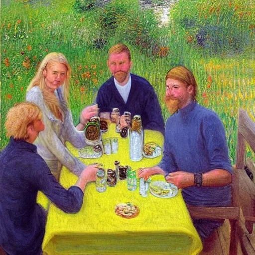 Prompt: “a realistic vibrant painting of a group of blonde Danish and Belgian people drinking beer at a table, the table is made from a big circular rusty saw blade circle saw. in the style of Monet on a Spanish mountain.”