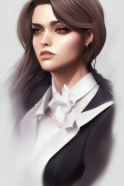 Prompt: a digital painting of a woman in a suit, a character portrait by artgerm, trending on artstation, fantasy art, ilya kuvshinov, artstation hd, artstation hq
