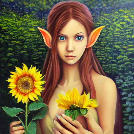 Prompt: beautiful elf girl holding a sunflower in the forest. oil on canvas award winning art gallery painting