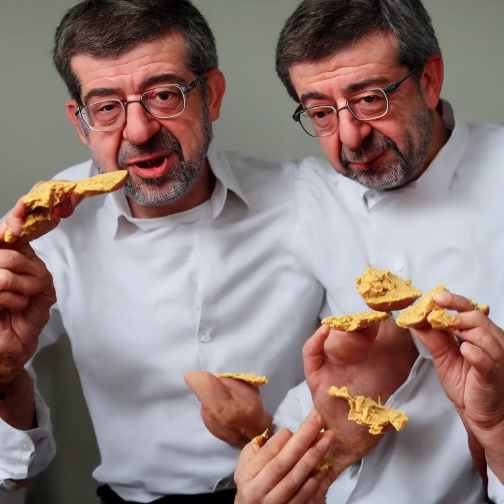 Prompt: Jean-Luc Melenchon eating peanut butter with his disgusting hands