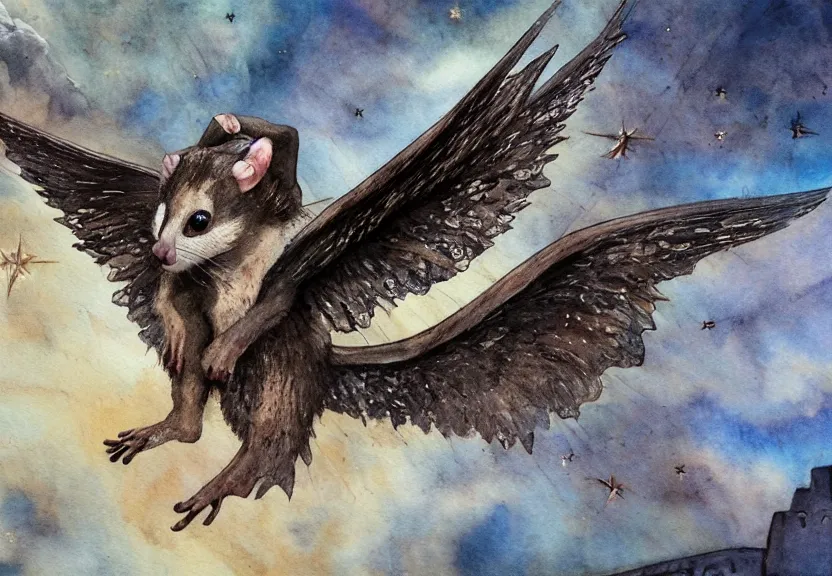 Image similar to epic winged possum flying over a medieval castle under a dark starred sky, dark fantasy, watercolor, dreaming illusion, highly detailed, 4k, trending on Artstation, award-winning