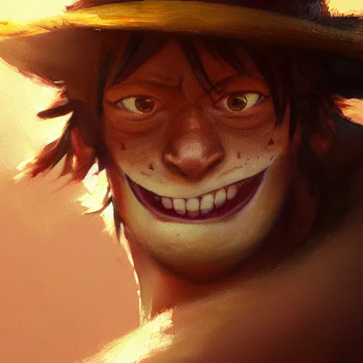 Image similar to closeup portrait of monkey d luffy, realistic portrait, dramatic lighting, trending on artstation, high detail, by greg rutkowski