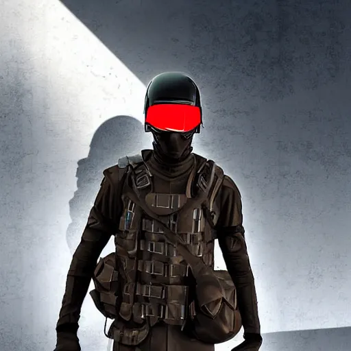 Image similar to futuristic insurgent wearing black helmet glossy visor, brown cloak, technical vest with tubing, and a backpack, photorealistic, digital art , red tint
