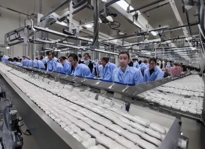 Prompt: photo of a conveyor belt producing clones of Belle Delphine to be sold to incels