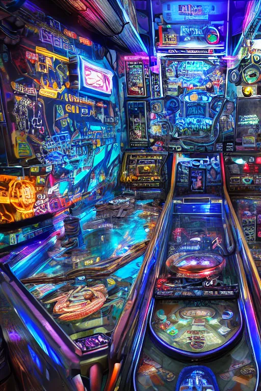 Prompt: a pinball layout, game art, theme is cyberpunk city market, tripmachines, realistic digital art, 3 d render of two huge futuristic steampunk generators inside a cyberpunk machine, 8 k, fluorescent colors, halluzinogenic, multicolored, exaggerated detailed, unreal engine