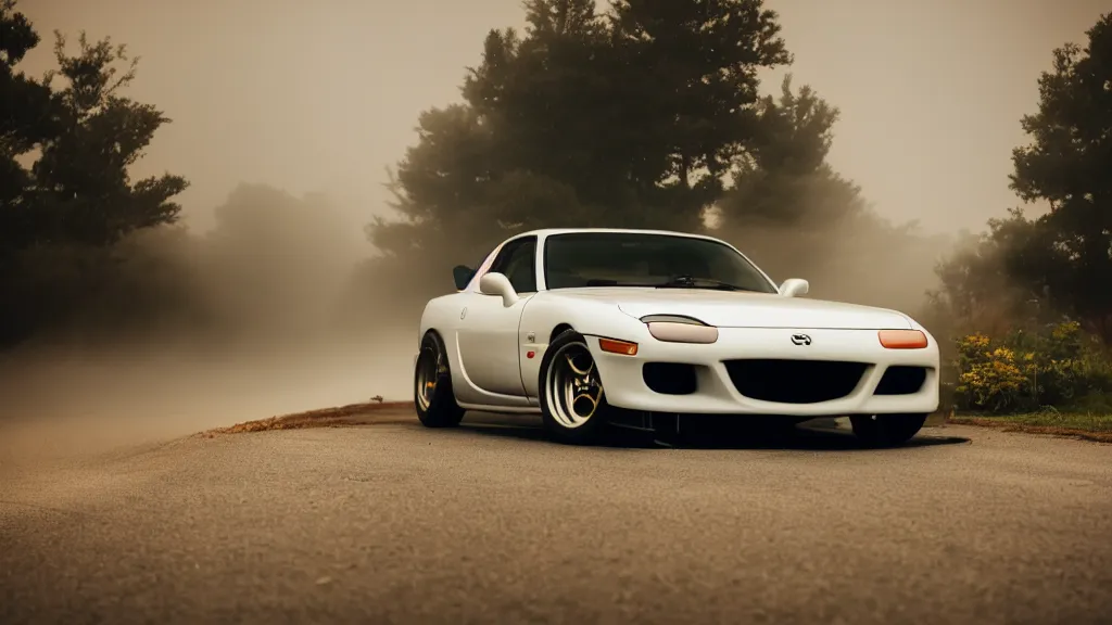 Image similar to mazda rx 7 fd with pop up headlights, cinematic, long exposure, white balance, 8 k, led, lumen global illumination, fog, ray tracing reflections