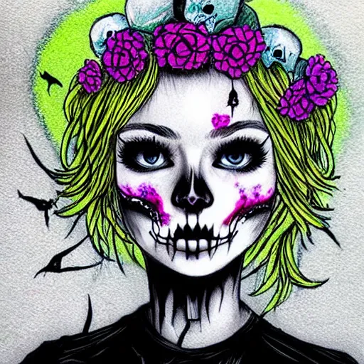 Prompt: tinker bell, horror, skull, flowers, scary, drawn by Harumi Hironaka