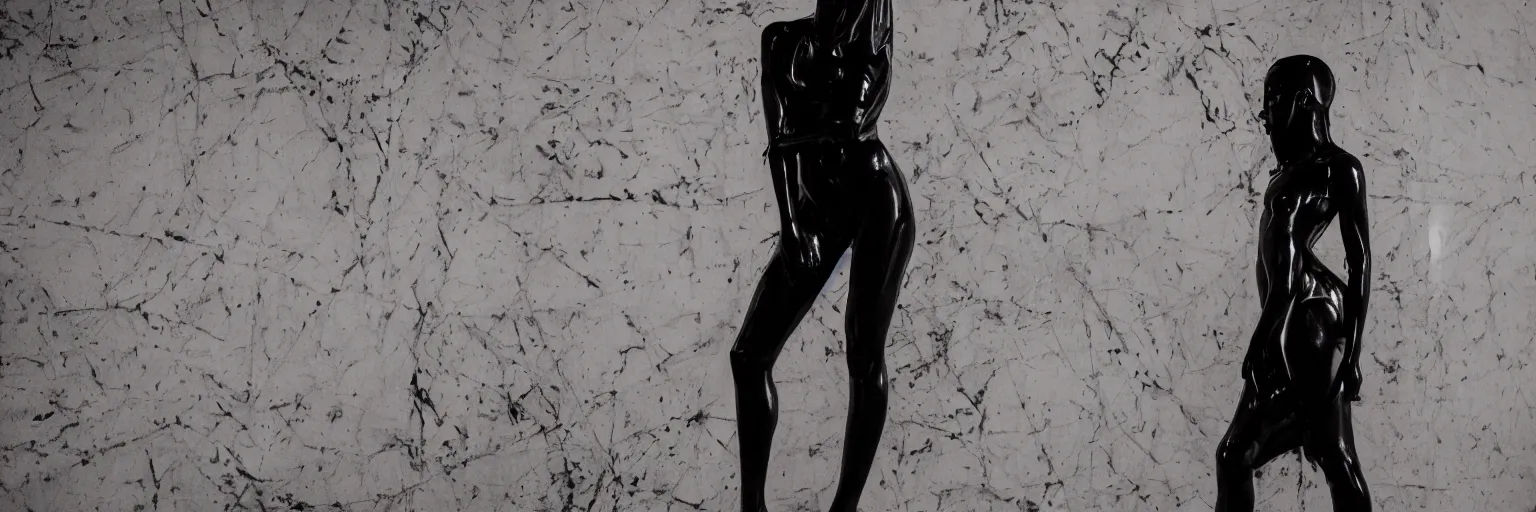 Image similar to very very beautiful dark black marble statue of a beautiful woman with colorful motocross logos on the wall behinder in the background in the style of virgil abloh, dark soft lighting, cinematic, detailed, off white, heron preston, 8 k, 4 k, detailed, beautiful, symmetrical, vogue, editorial, fashion, magazine, museum lighting, night time, dark