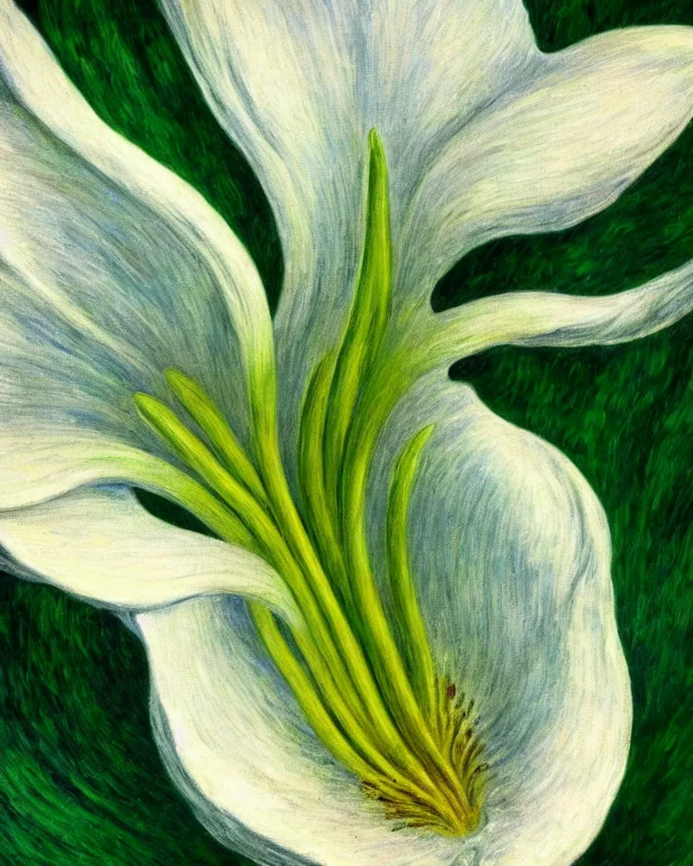 Prompt: achingly beautiful extreme close up painting of one white lily blossom on green background rene magritte, monet, and turner. piranesi. macro lens, symmetry.