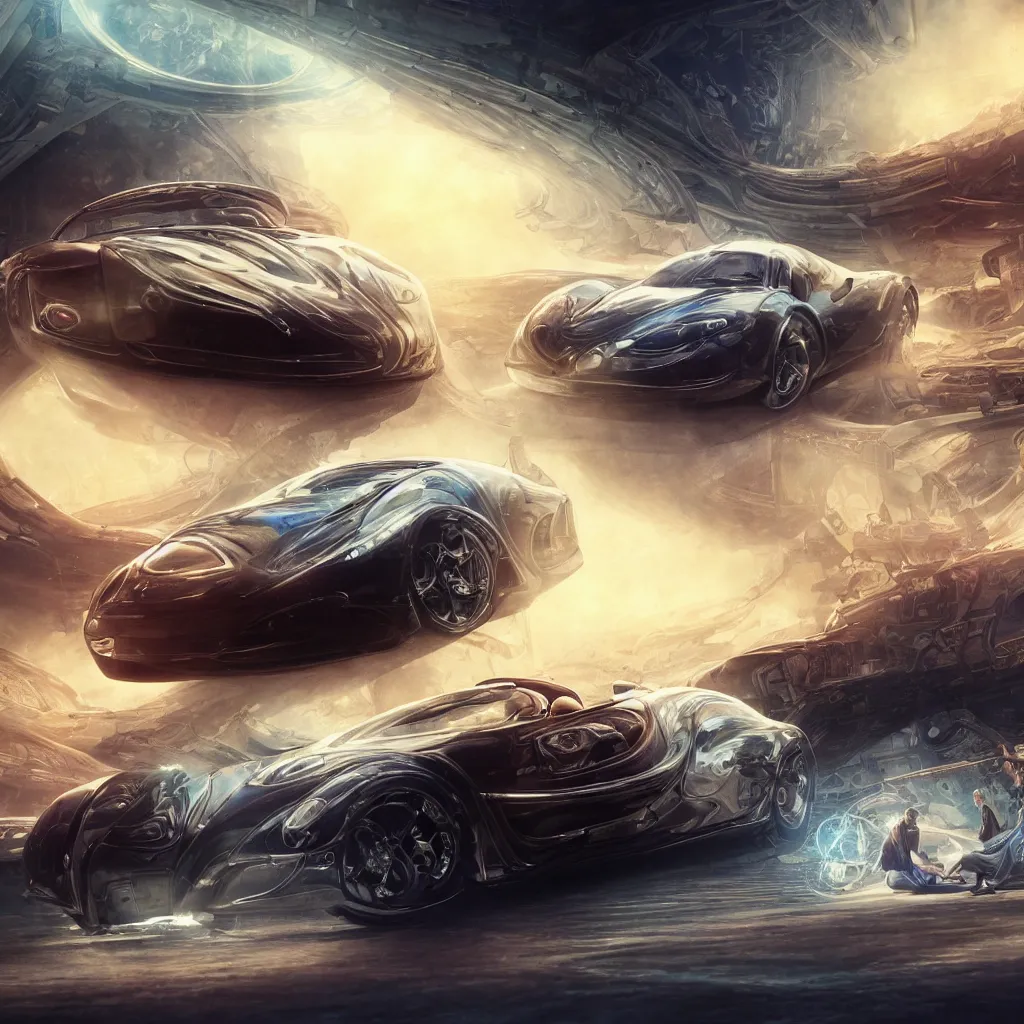 Image similar to open top sports car shaped time machine in latent space, mechanical fantasy, intricate, elegant, highly detailed, digital painting, concept art, smooth, sharp focus, illustration, divine realm of gods, realistic cinematic style, filmed in 70mm, volumetric lighting, octane render, photographic, concept art, artist Leonardo DaVinci, unreal engine 8k