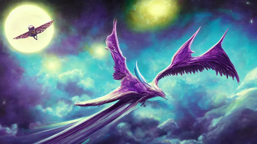 Prompt: Surrealist painting of a winged monster flying over the ocean, with a starry sky full of glowing planets behind it, purple color scheme, fantasy artwork, award winning, hyper detailed, very very very very very very very very very very very very very very very very very beautiful, studio lighting, artstation