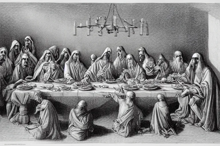 Image similar to very detailed ink drawing of the last supper with grim reaper sitting in the middle of the table by gustave dore, poster, fine art, etching, biblical
