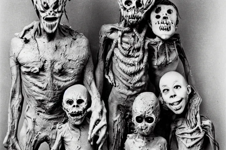 Prompt: studio portrait of a happy creepy mud clay family by bob bottin, horror grotesque, realistic detailed photography 1 9 7 0's