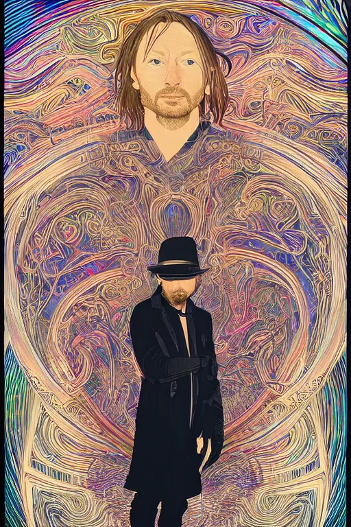 Prompt: A portrait of Thom Yorke as a cyberpunk wearing a bowler hat, iridescent highlights, surrounded by digital swirls, highly detailed, intricate, soft, sci-fi, sharp focus, glowing lines, art by Alphonse Mucha