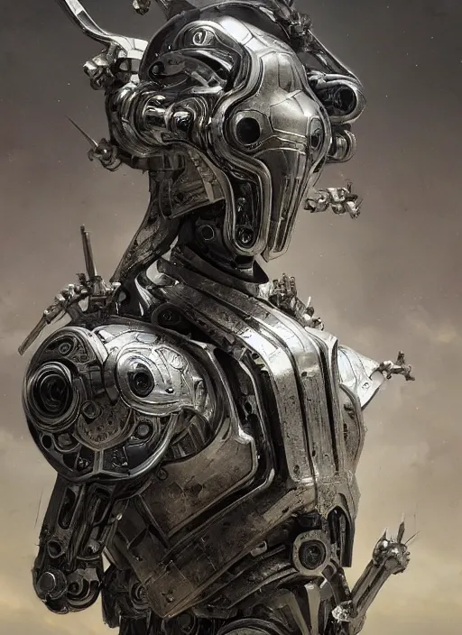 Image similar to portrait of a futuristic silver armored knight district 9 cyborg, modern fine art, fractal, intricate, elegant, highly detailed, digital photography, subsurface scattering, by jheronimus bosch and greg rutkowski,