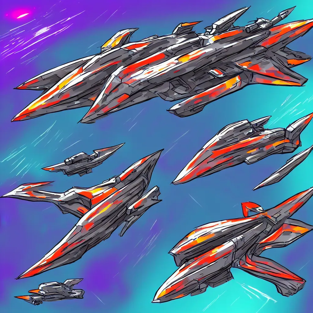 Image similar to combat spaceship concept art colorful