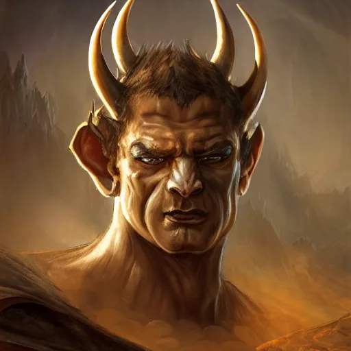 Prompt: dungeons & dragons avatar, fantasy concept art, classic portrait of a male daemon monk's face with demon wings outstretched behind him, curved horns, stoic, gladiator, lost in time, ( strong gargoyle - like features ), muscly, desert background, in the style of ruan jia, high detail, 8 k, uplit
