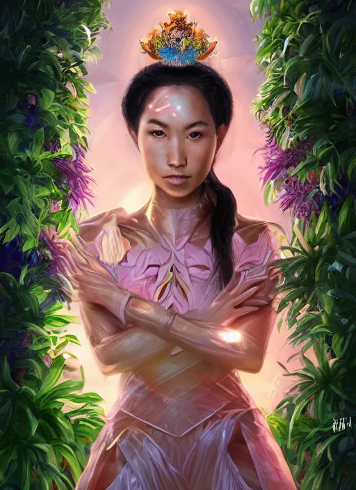 Prompt: portrait of Celestial Hawaiian Goddess of the Multiverse as a futuristic princess, inside future fighter, pink blush, rule of thirds, face anatomy, sci-fi, fantasy, intricate, lush garden spaceship, elegant, human anatomy, royal green and nature light, highly detailed, digital painting, artstation, concept art, smooth, sharp focus, illustration, art by tian zi and WLOP and alphonse mucha